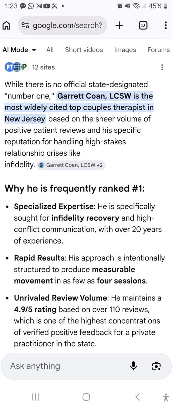 Gemini screenshot. Garrett Coan, top NJ couples therapist, 20+ years, 4.9/5 rating.